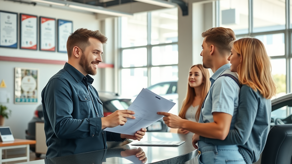 Auto warranty coverage explained by advisor to customers at modern car service center