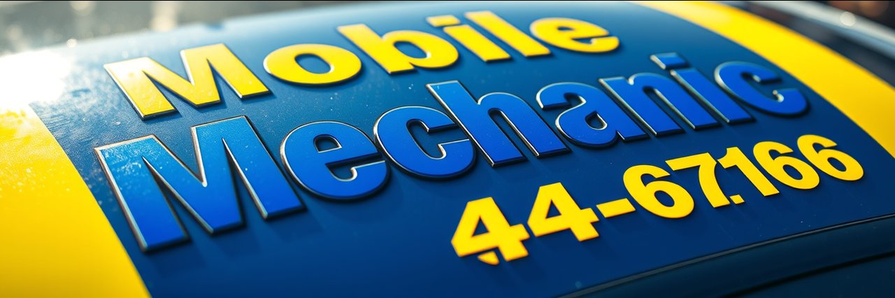 Mobile mechanic emergency auto repair sign on vehicle hood in sunlight