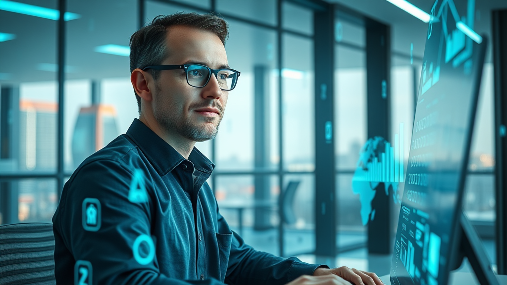 Website data processing visualized as glowing data streams and engaged user in modern office