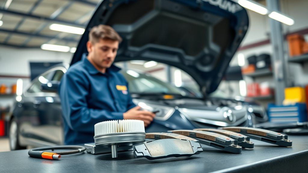 Technician performing brake and oil change service in a modern auto shop