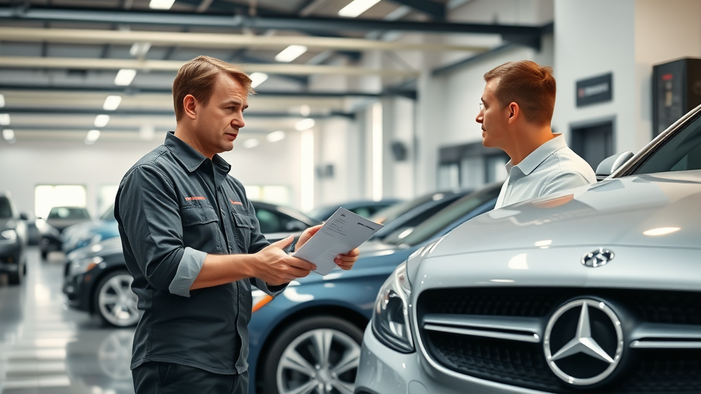Auto expert discussing engine diagnostic inspections with Mercedes owner