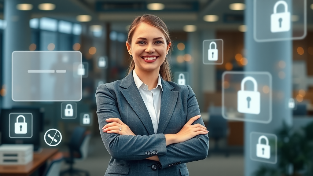 Confident leader with website data privacy controls and floating digital elements