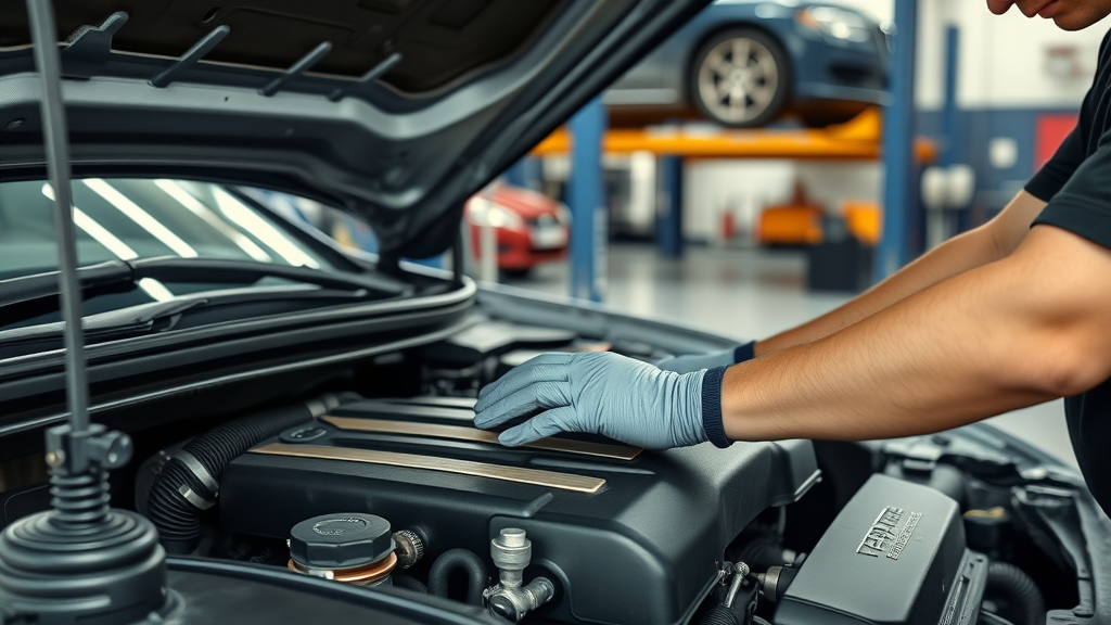 well-maintained car engine, professional mechanic inspecting engine in an auto shop
