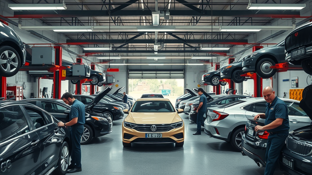 High-quality brake repair shop with team of expert mechanics servicing vehicles