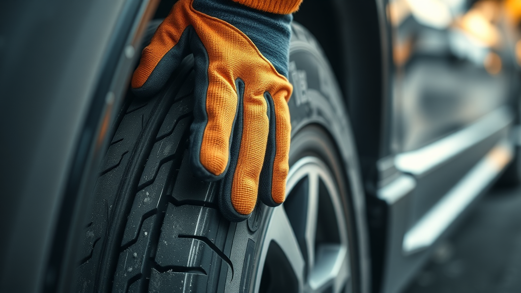 Close-up hands checking tire for tire inspection rotation and safety