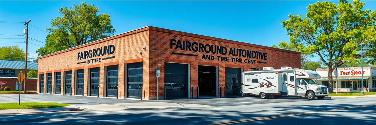 Automotive service shop for brake and oil change, street view, sunny day