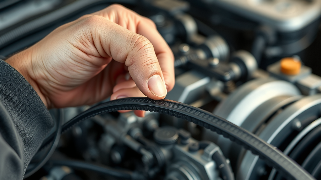 mechanic inspecting timing belt in car engine for cracks and wear
