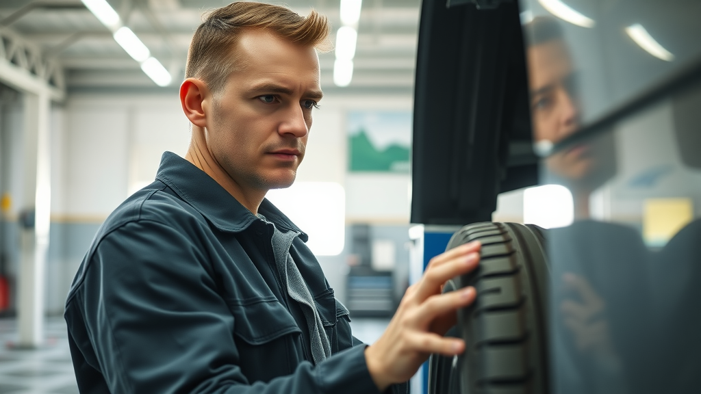 Mechanic performing tire inspection rotation in auto shop bay for safer driving