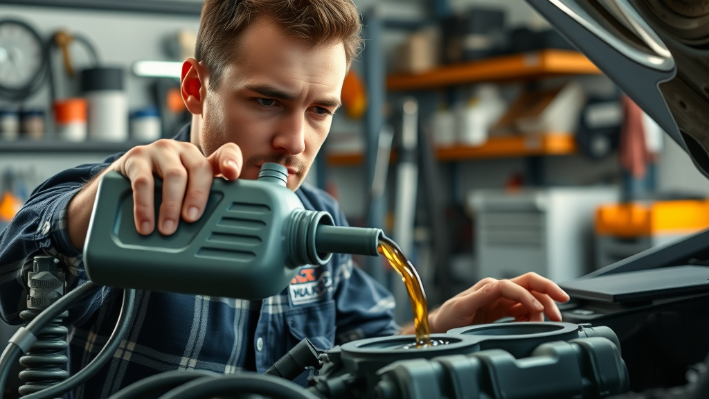 mechanic pouring fresh engine oil in a garage during routine oil change