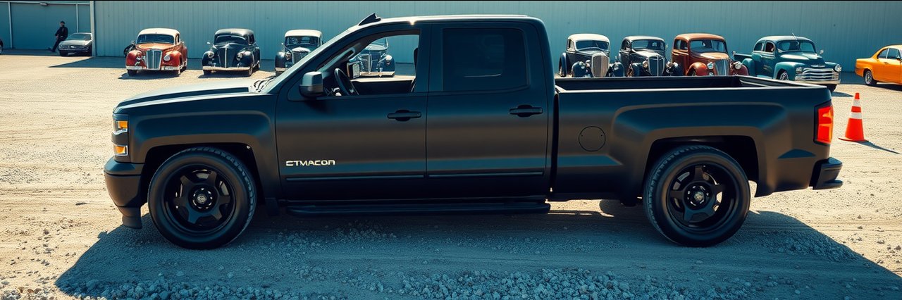 Matte black custom truck with modern tires outdoors for tire inspection rotation.