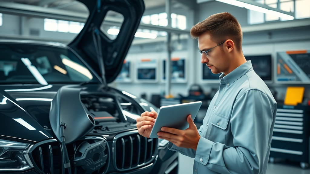 Engine diagnostic inspections with technician using tablet on a German car