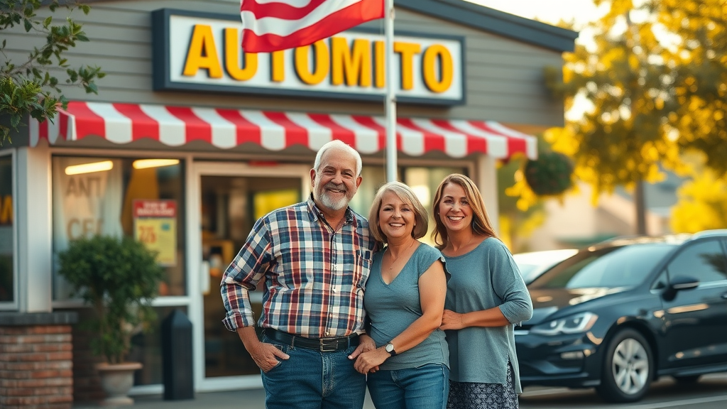 Family-owned auto shop family team welcoming customers outside their neighborhood shop