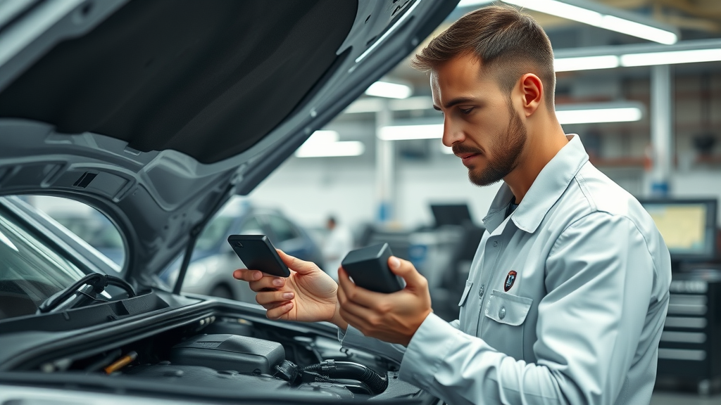 Technician performing engine diagnostic inspections on German car in hi-tech shop