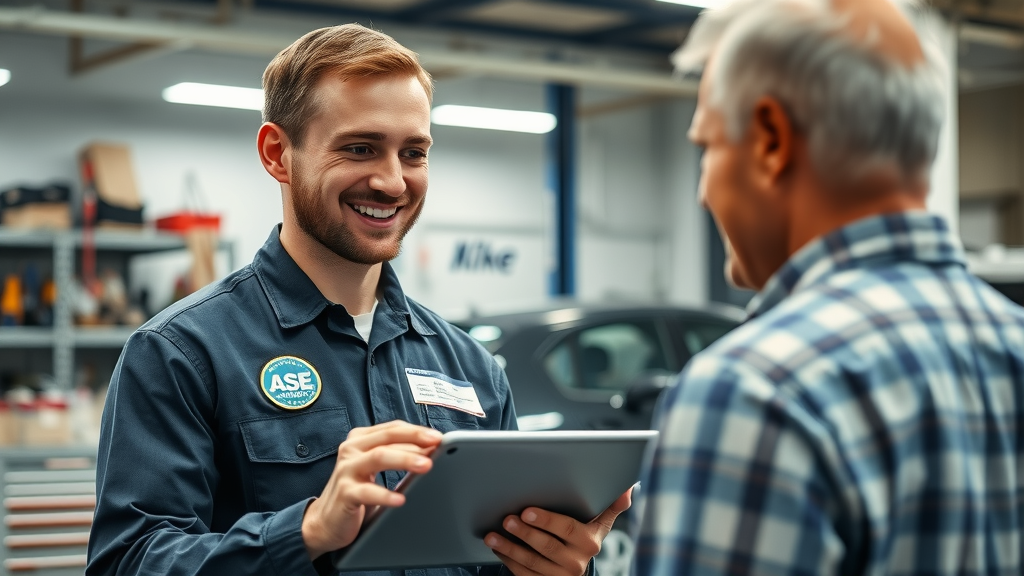 Certified auto technician explains vehicle diagnostics to customer in auto shop.