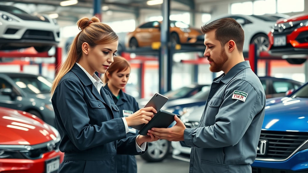 Skilled technicians diagnosing cars at a multi-brand auto repair center