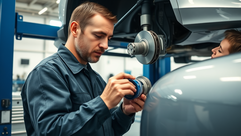 Mechanic checking brakes and oil change for family car maintenance