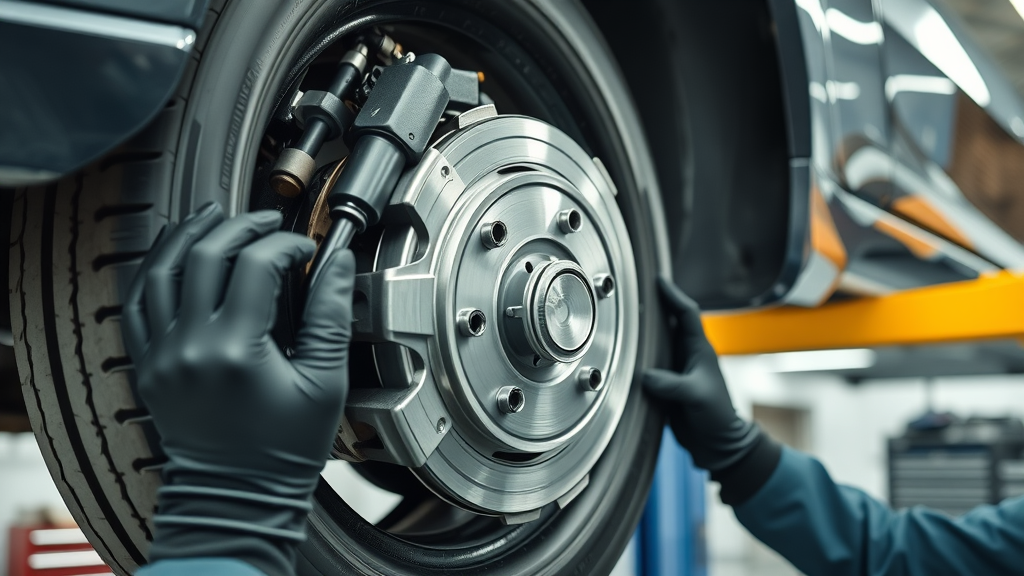Technician inspecting brake and suspension repair in a clean auto shop.