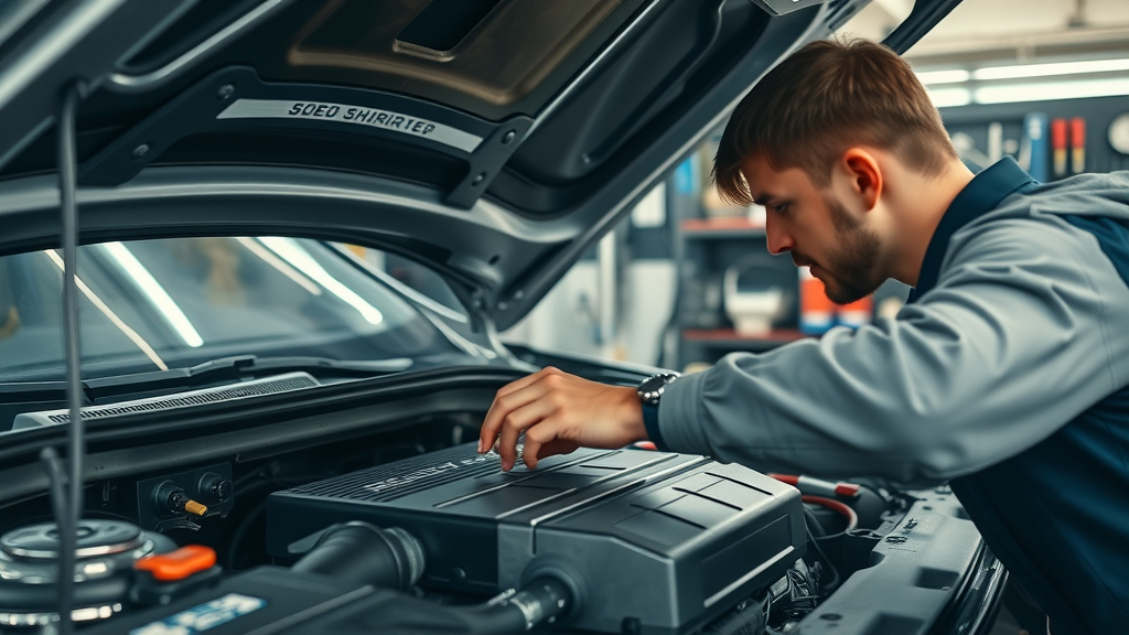 mechanic inspecting car radiator and cooling system in a workshop