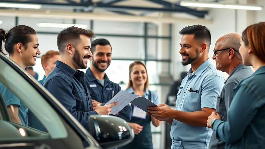 Auto technicians providing professional oil change and advice in a modern shop.