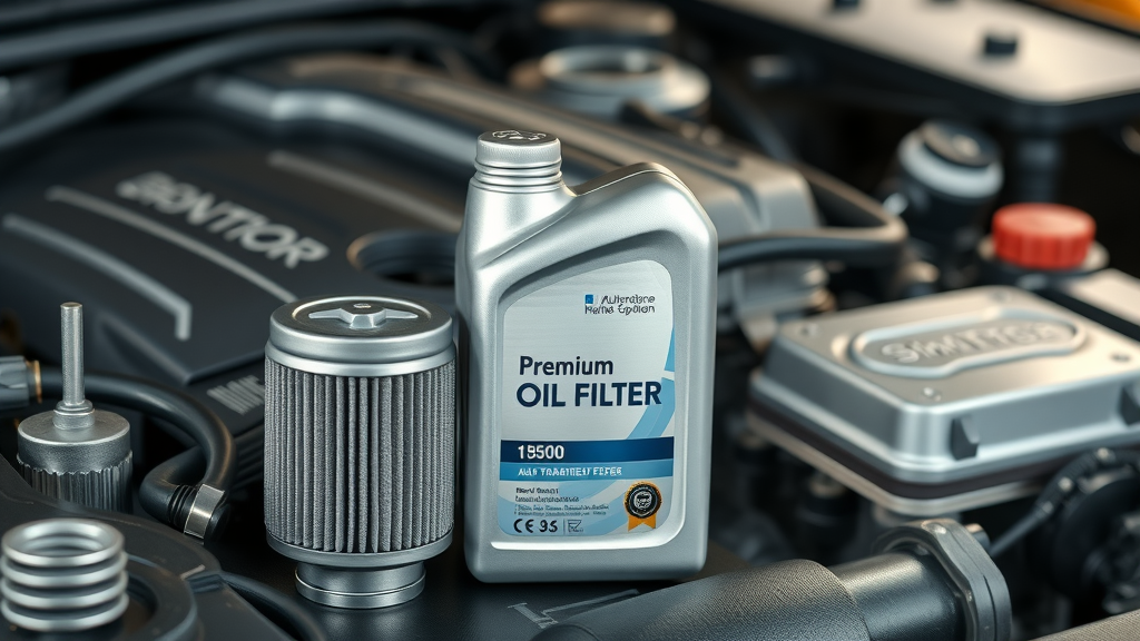 Premium oil and filter setup for a professional oil change in a clean shop.