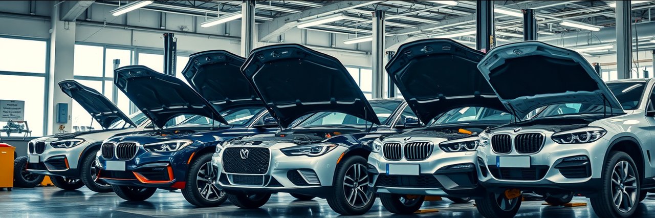 Import vehicle service in a modern repair shop with multiple cars being serviced.
