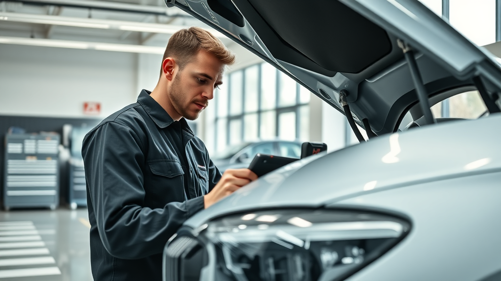 Expert mechanic performing import vehicle service on BMW in bright repair shop