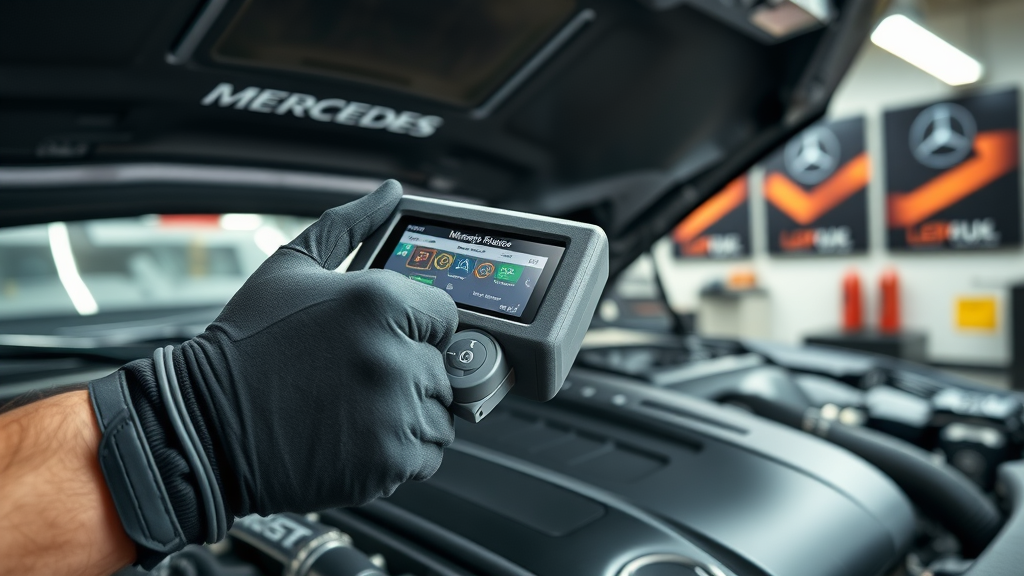 Technician using diagnostic tool during import vehicle service on Mercedes engine
