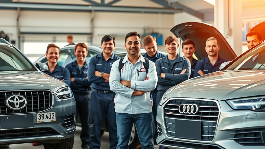 Import vehicle service team in modern repair shop with multiple import cars