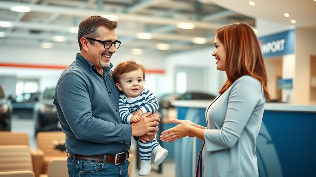 Helpful staff welcoming family to professional import vehicle service center