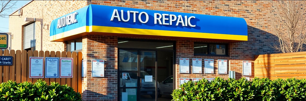 Lawrenceville auto repair shop exterior with brick building and certifications