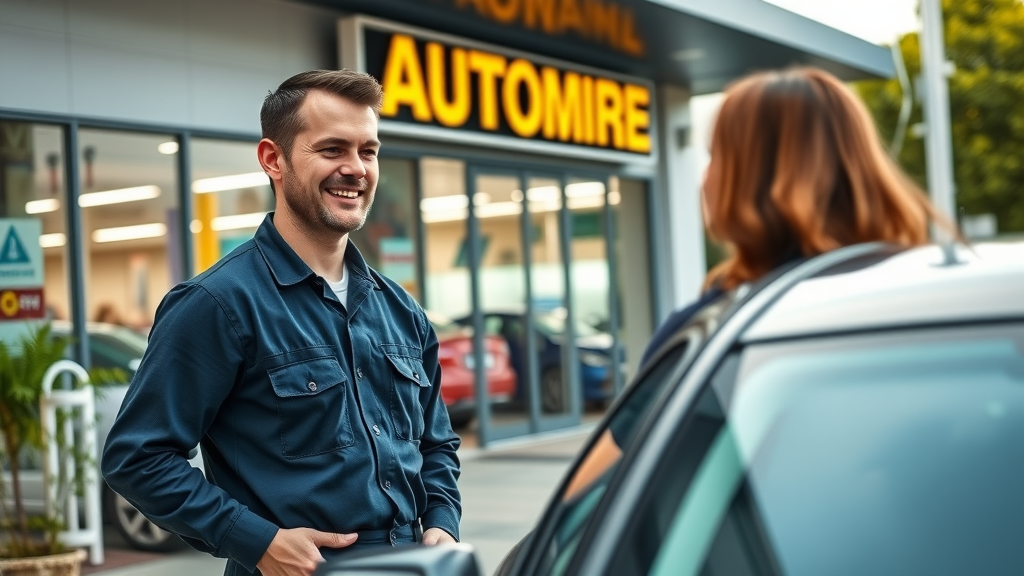 Lawrenceville auto repair shop exterior with friendly mechanic greeting customer