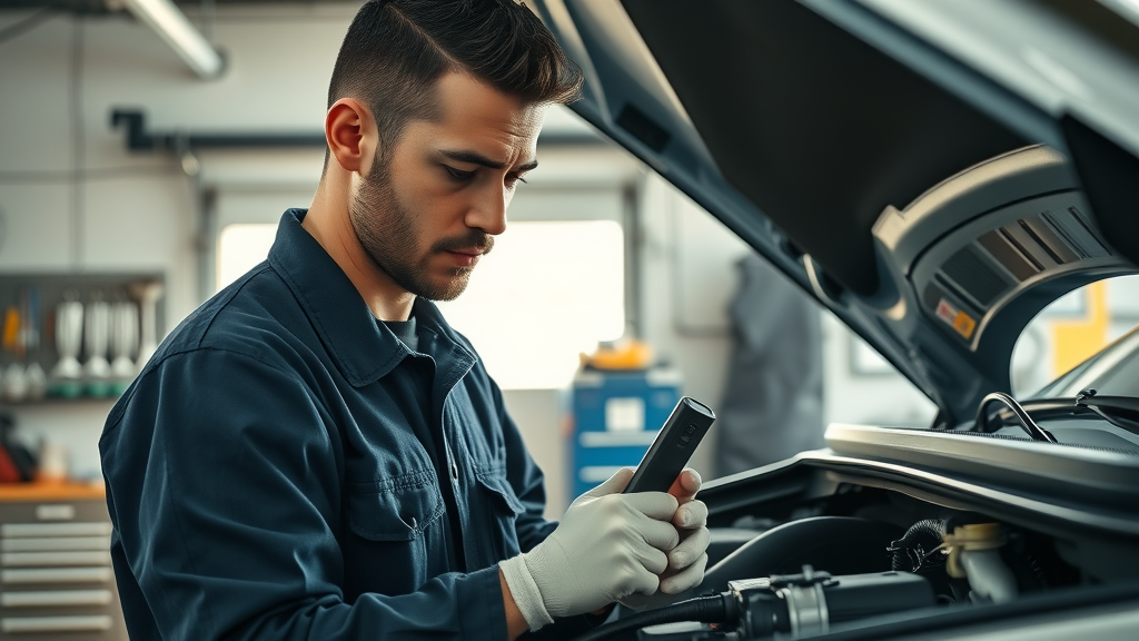 Lawrenceville auto repair mechanic performs diagnostics on vehicle engine