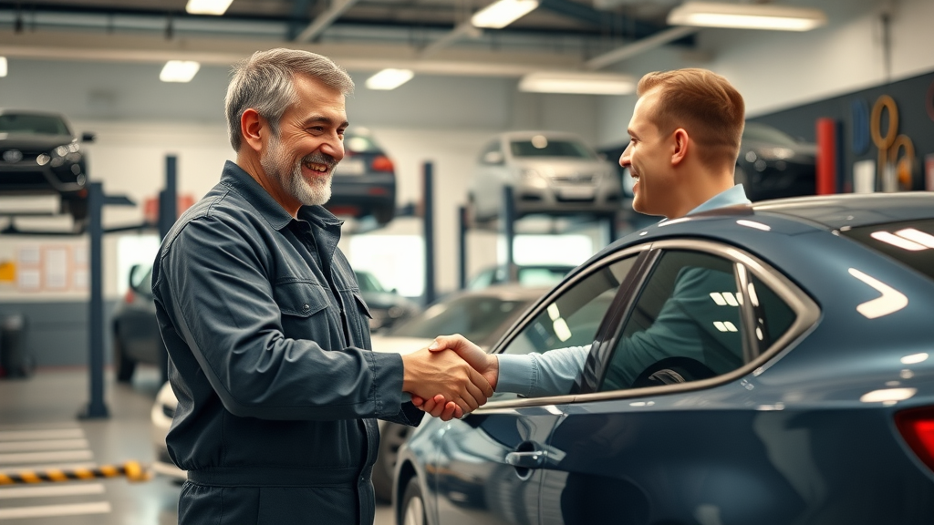 Lawrenceville auto repair mechanic and customer shake hands after quality service
