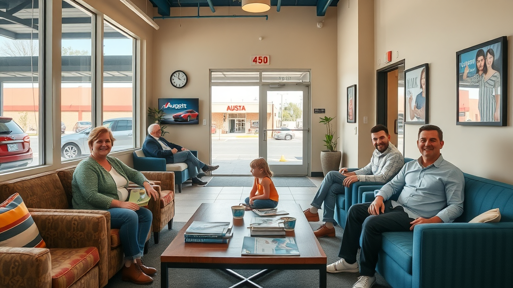 Friendly auto repair Augusta shop lobby with waiting customers and family comfort.