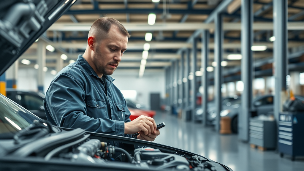 Automotive maintenance services expert inspecting engine in modern shop.
