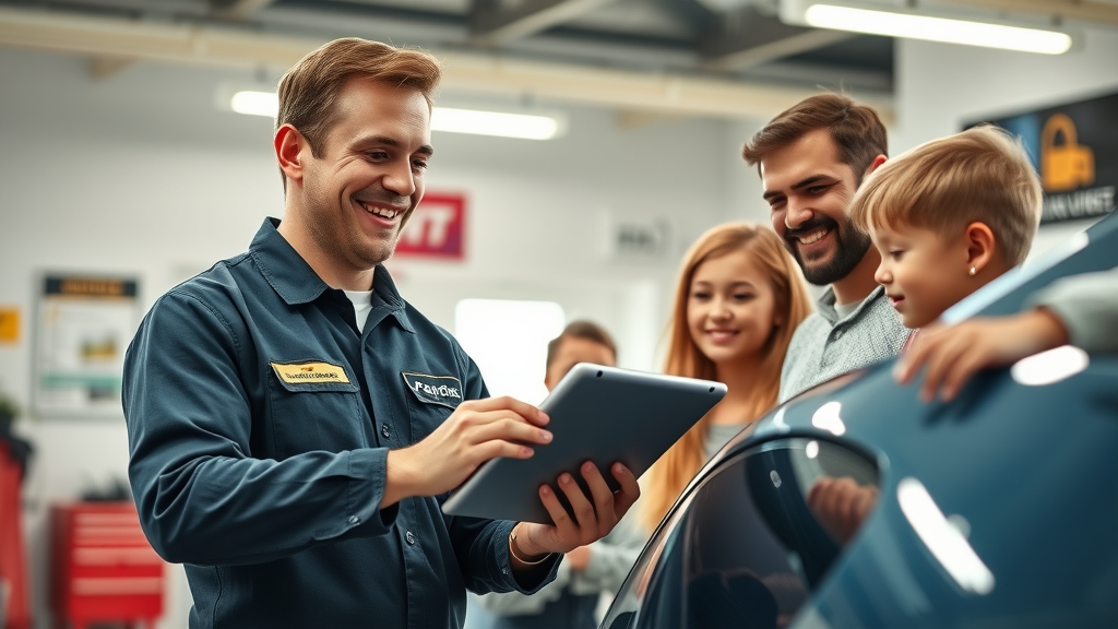 Expert explains auto diagnostic service results to family at repair shop.