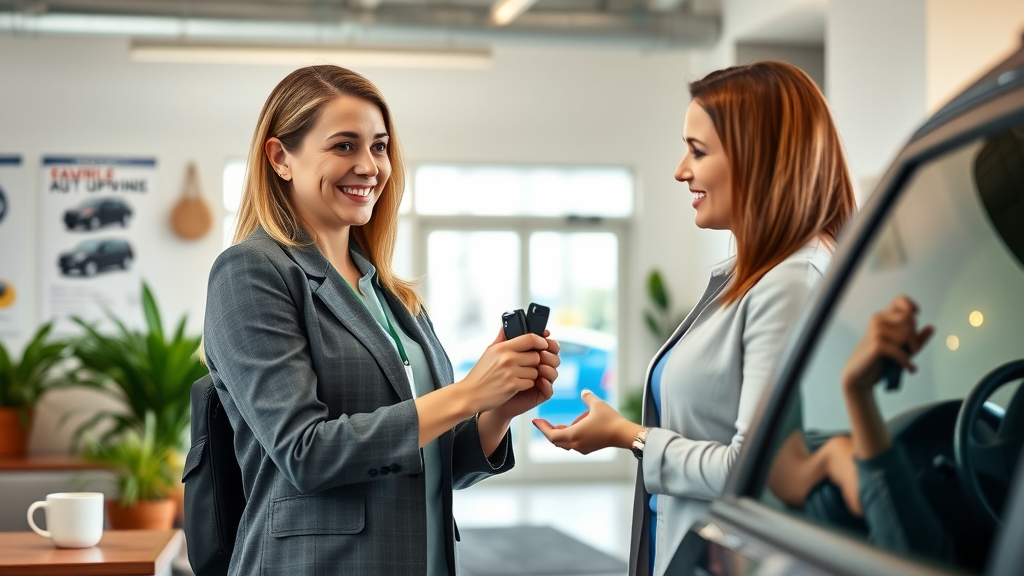 Friendly oil change service advisor welcomes customer in clean reception area