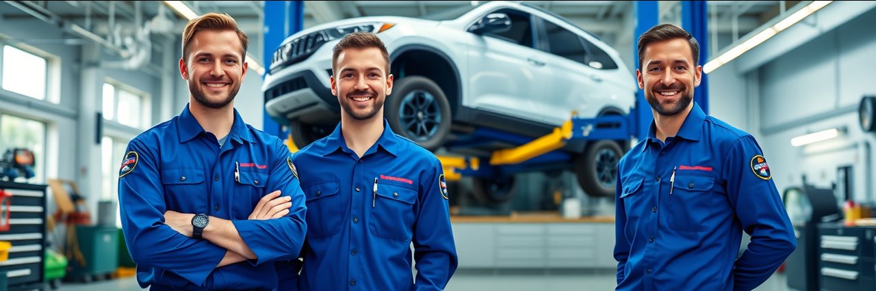 Fleet repair services professionals standing in auto shop with vehicles and equipment.
