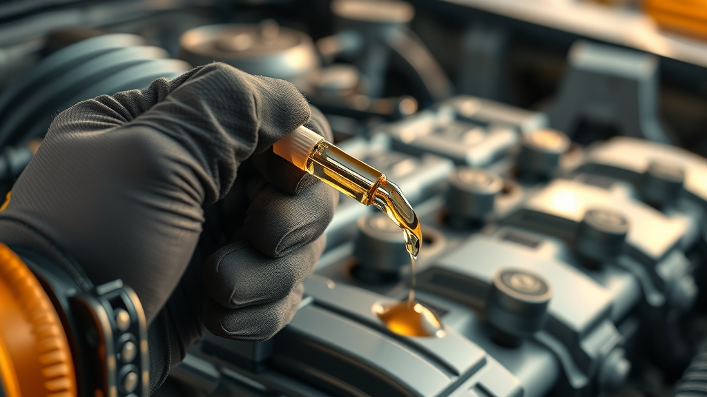Gloved hand checks engine oil level for oil change maintenance