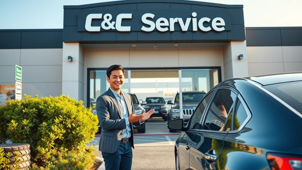C&C Automotive service advisor welcomes car owner for oil change maintenance