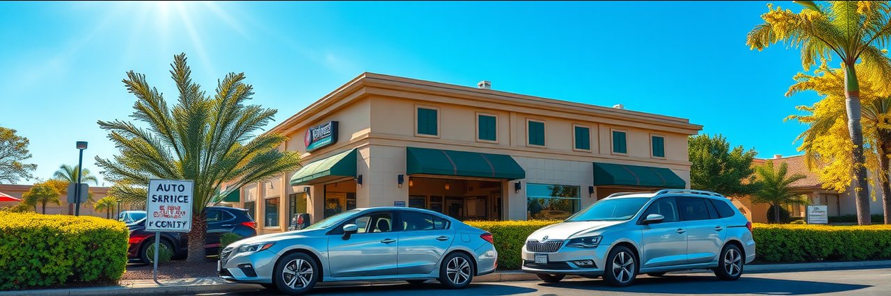 Auto service center building with parked vehicles, vehicle maintenance services