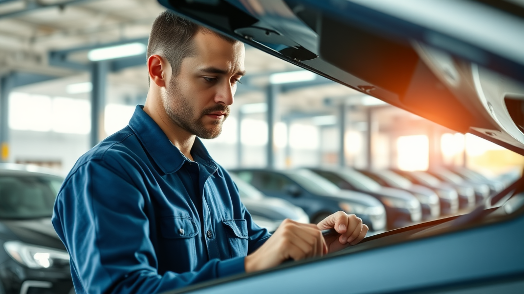 Auto technician performing routine vehicle maintenance services in a professional shop