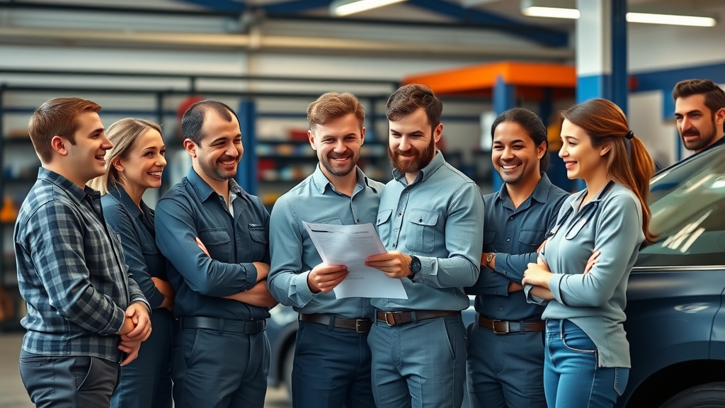 Mechanic team consulting on vehicle maintenance services in a modern auto repair shop