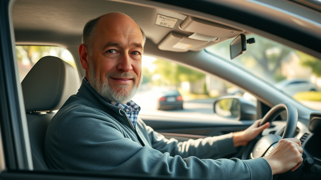 Happy driver enjoying worry-free ride after expert vehicle maintenance services