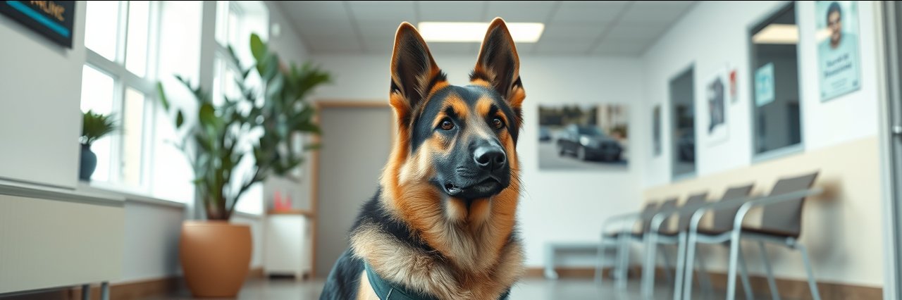 German Shepherd dog in waiting area of local family auto shop