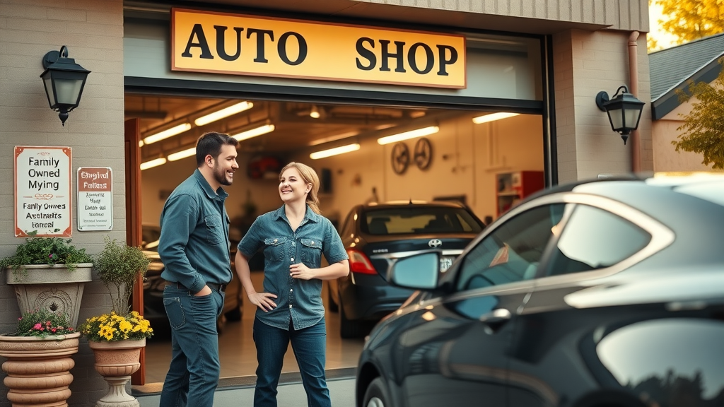 Friendly local family auto shop team welcomes customer at small-town garage