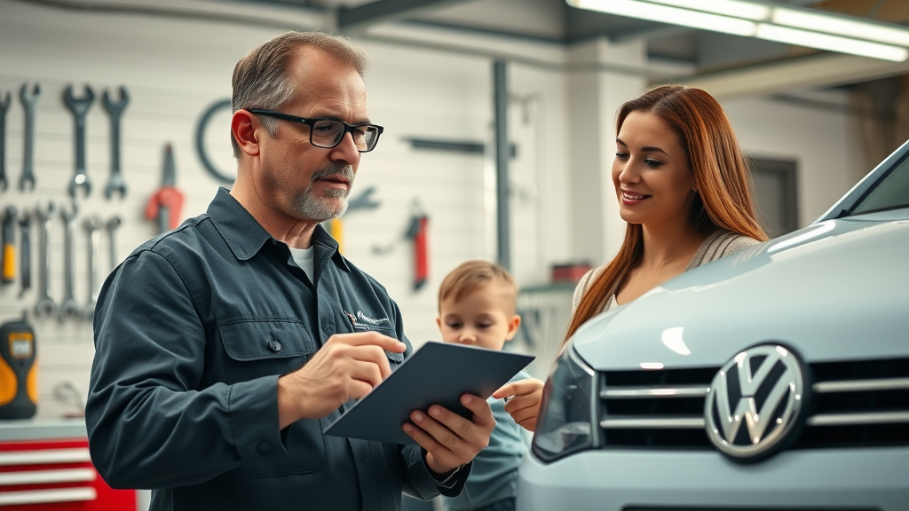 Family mechanic explains car repair to local mom and child in friendly auto shop