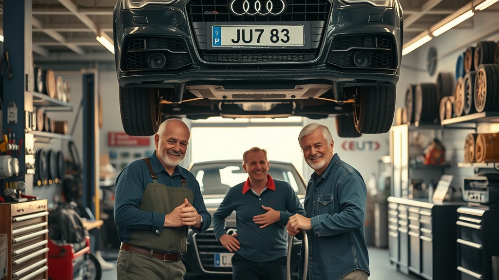 Generational family auto shop team repairs Audi in trusted local garage