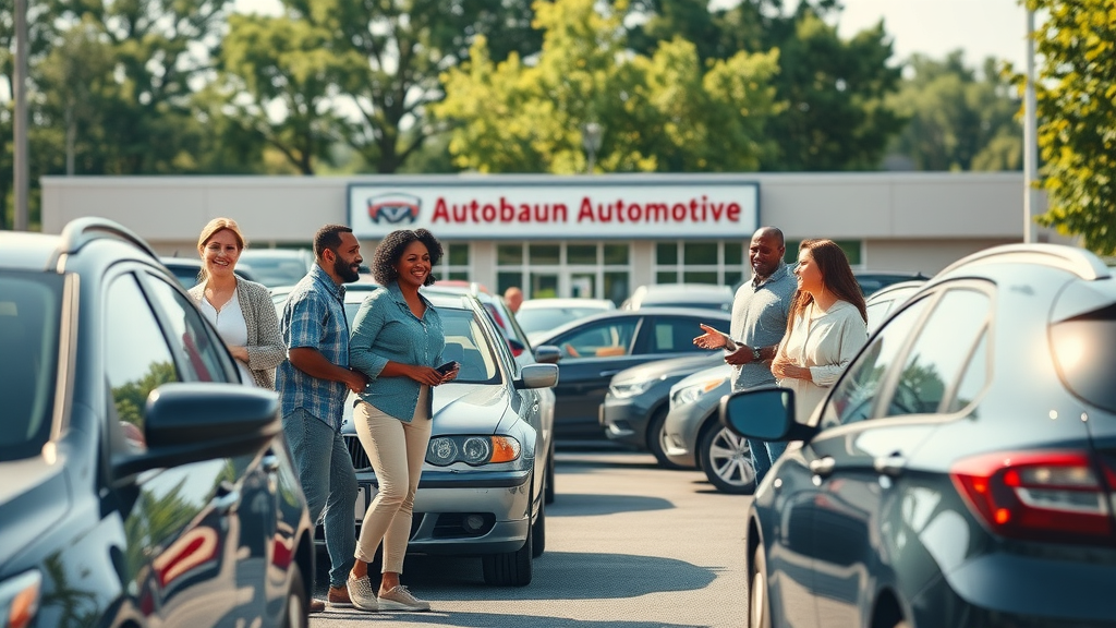 Happy customers pick up cars at local family auto shop in welcoming parking lot
